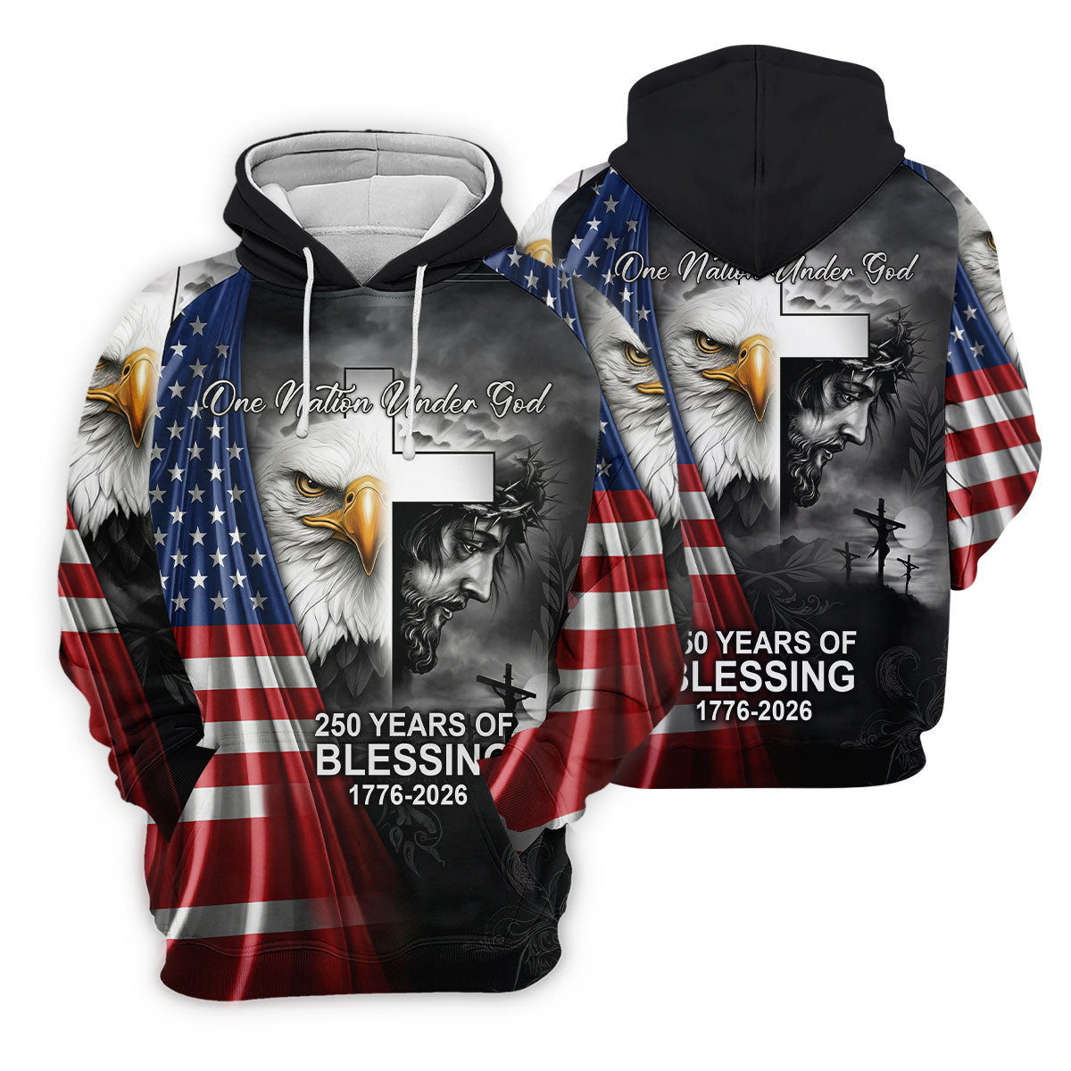One Nation Under God 250 Years Of Blessing Faith Cross US Flag Golf Shirt, 4th Of July Golf Shirts For Men