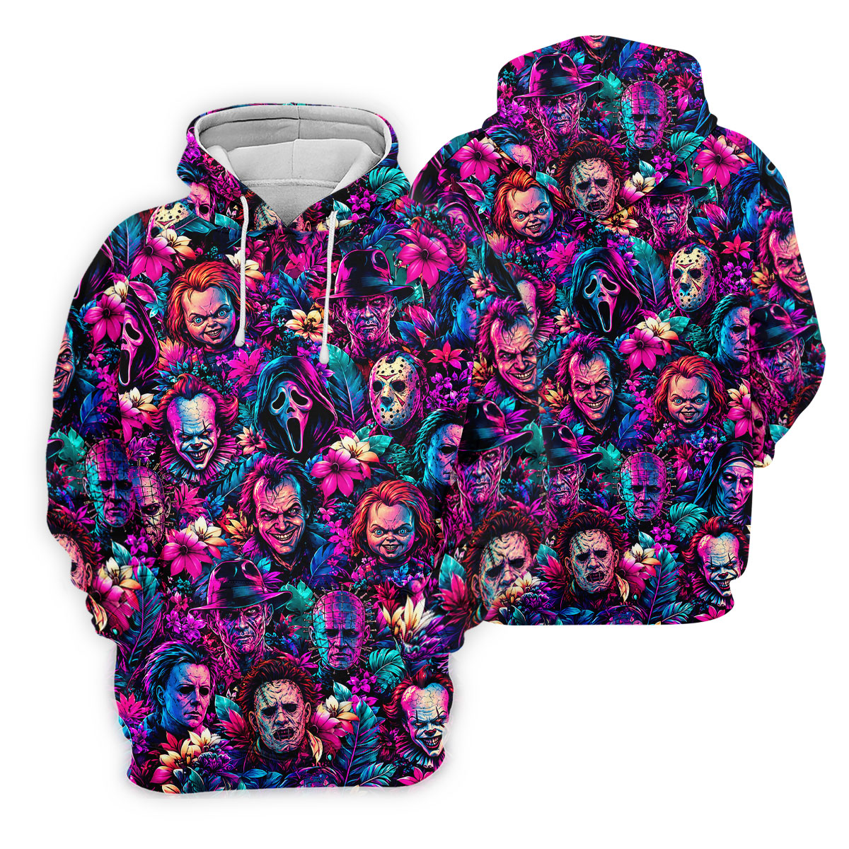 Neon Floral Horror Character Halloween Golf Shirt, Golf Shirts For Men, Mens Golf Apparel