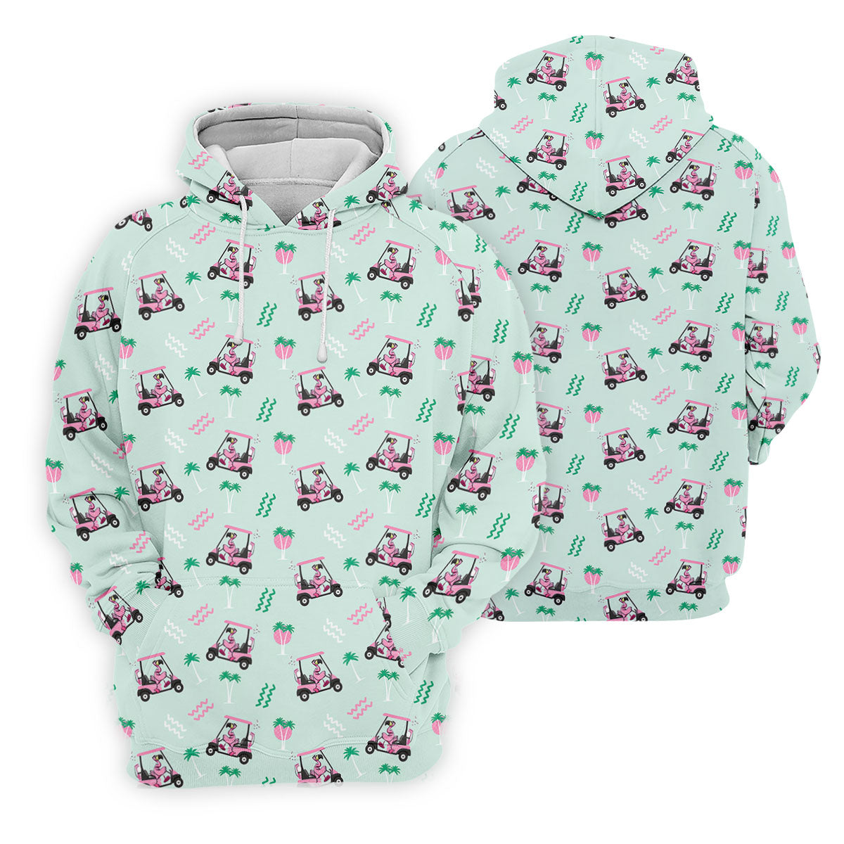Funny Flamingo Golf Cart Tropical Pattern Polo Shirt, Mens Golf Polo, Golf Apparel For Men