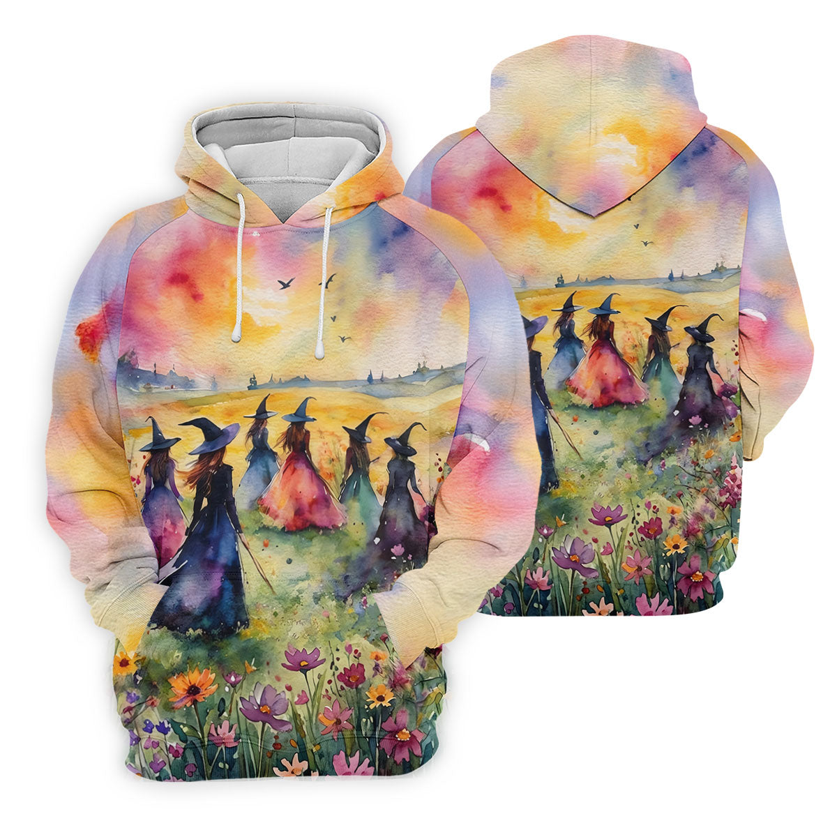 Watercolor Witch Gathering Halloween Golf Polo Shirt, Printed Golf Shirts, Golf Polo Shirts For Men