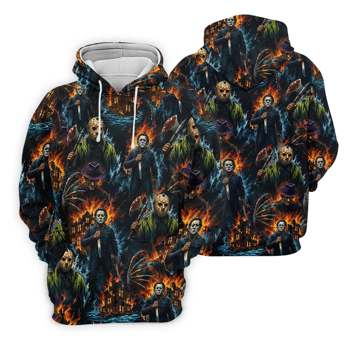 Horror Character Fire Collage Halloween Polo Shirt, Mens Golf Shirts, Mens Polo Shirts