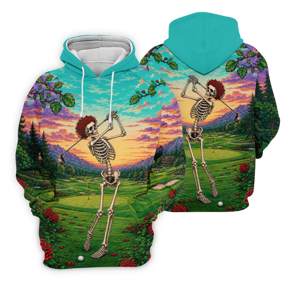 Skeleton Golfer Sunset Golf Course Shirt, Mens Golf Apparel, Halloween Golf Shirt