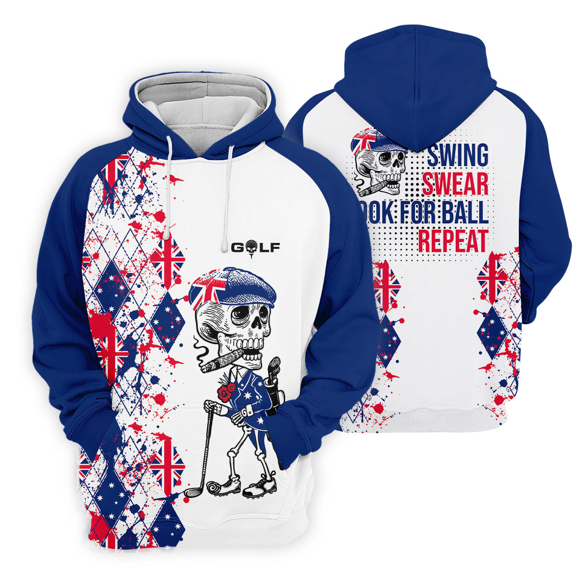 Swing Swear Look For Ball Repeat Australia Flag Print Skeleton Golfer Argyle Golf Shirt, Polo Shirts For Men
