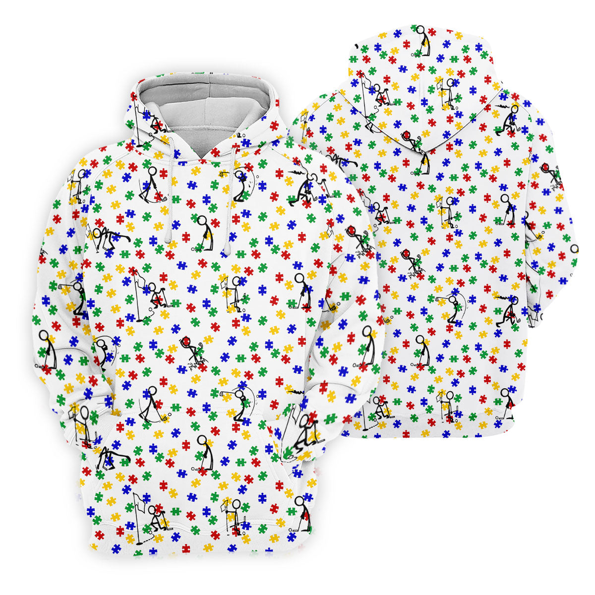 Funny Stick Figure Autism Puzzle Polo ShirtFor Men, Autism Awareness Golf Shirt, Golfing Apparel