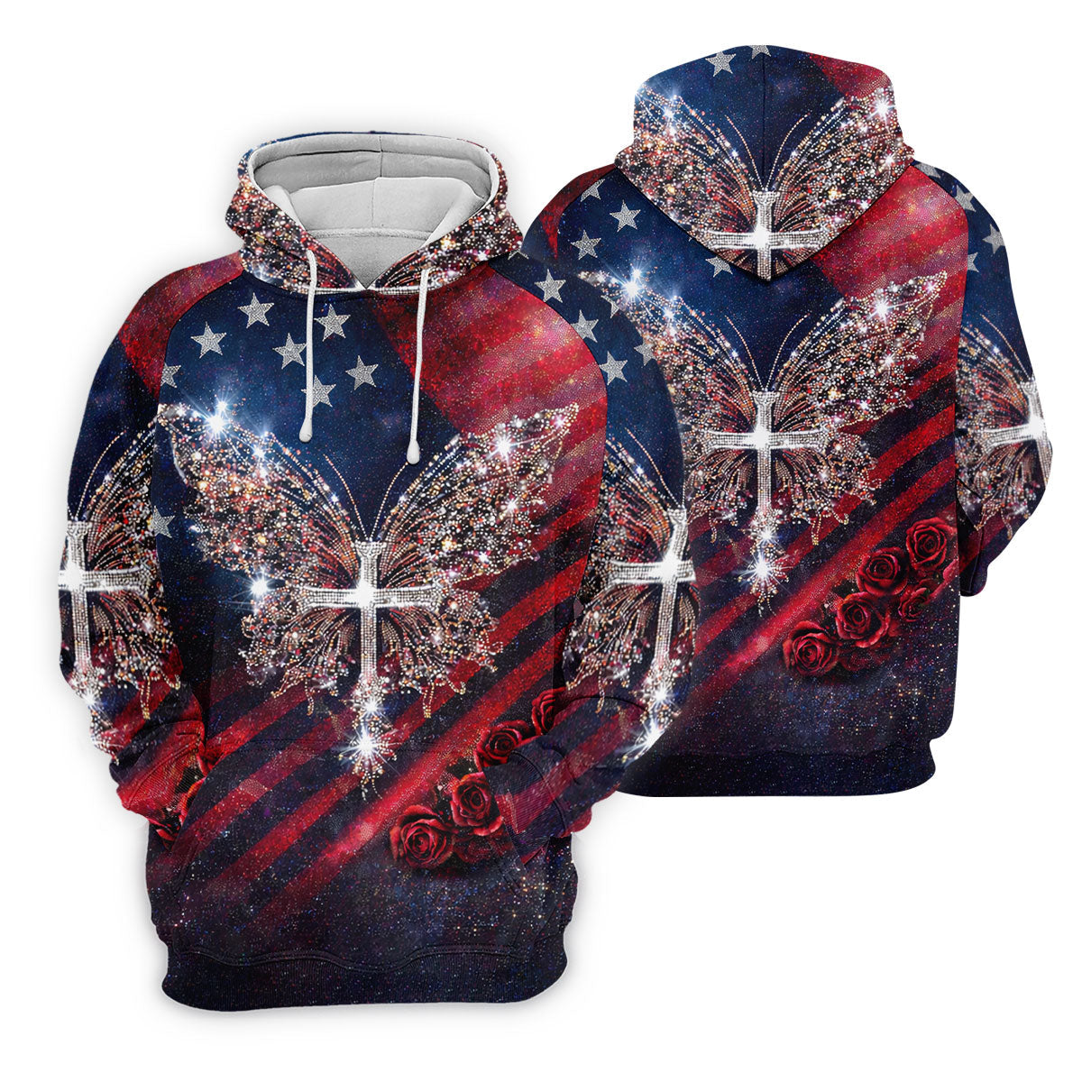 Faith Cross Shimmering Butterfly 250th Anniversary Ladies Golf Tops, Patriotic 4th Of July Golf Shirt For Women