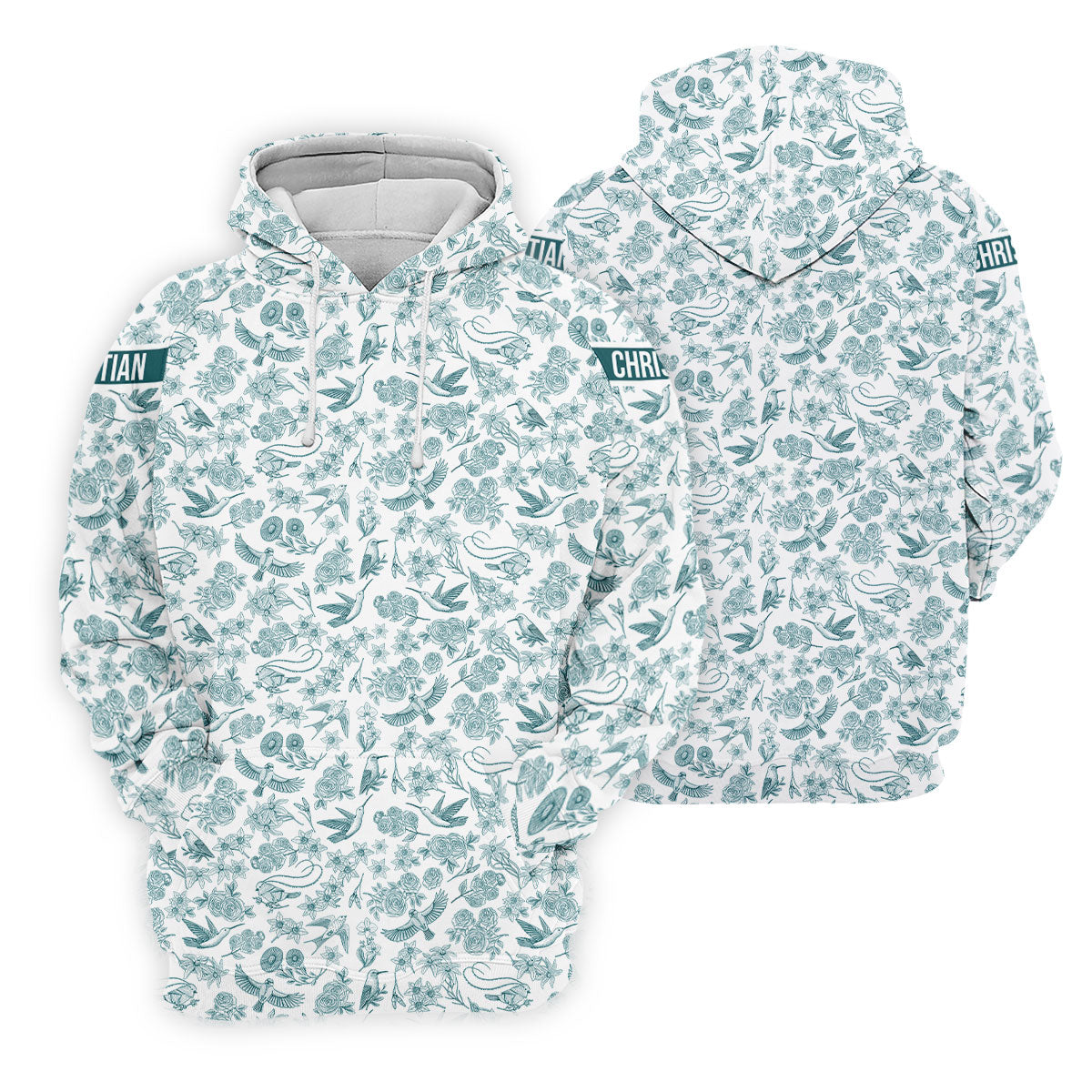 Custom Name Toile de Jouy Birds And Flowers Teal And White Women Golf Top, Ladies Golf Polos