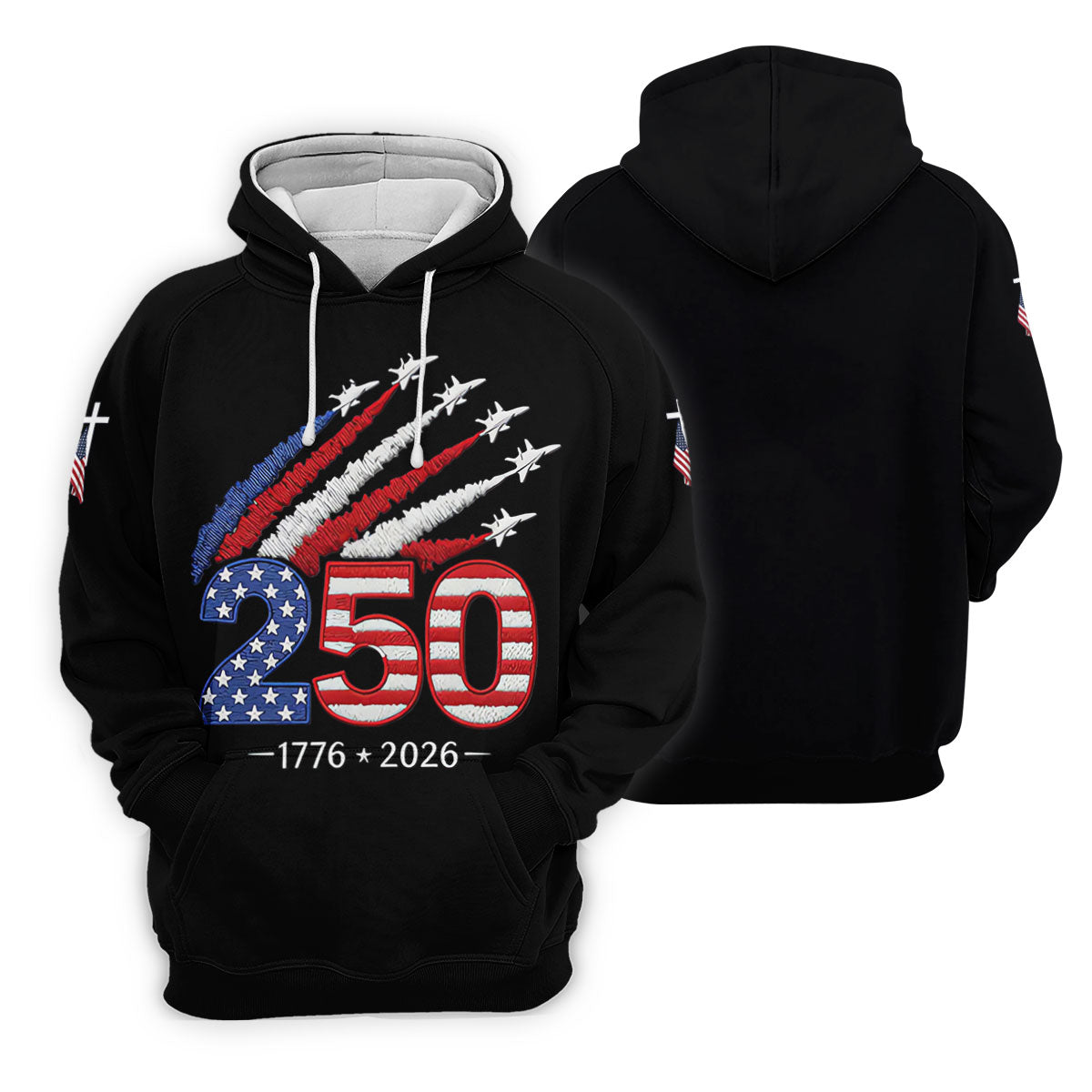 Flying Fighter Jets Faith Cross Patriotic 4th Of July Black Golf Shirt, 250 Years Golf Shirts For Men