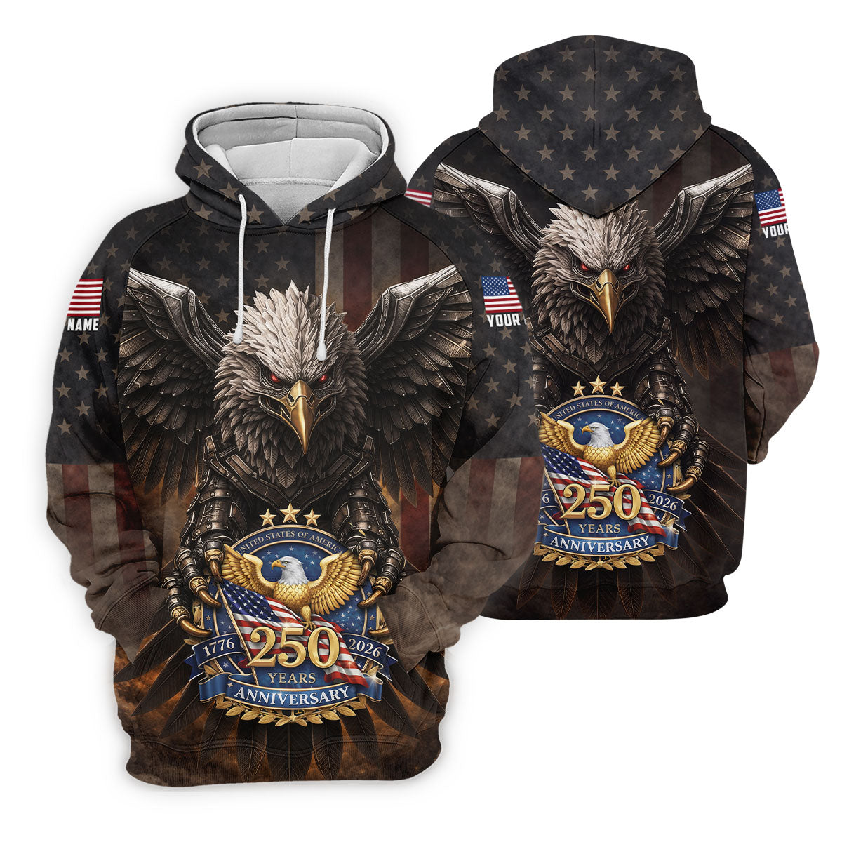 250 Years Fierce Eagle American Flag Retro Golf Shirt, Patriotic 4th Of July Golf Shirts For Men