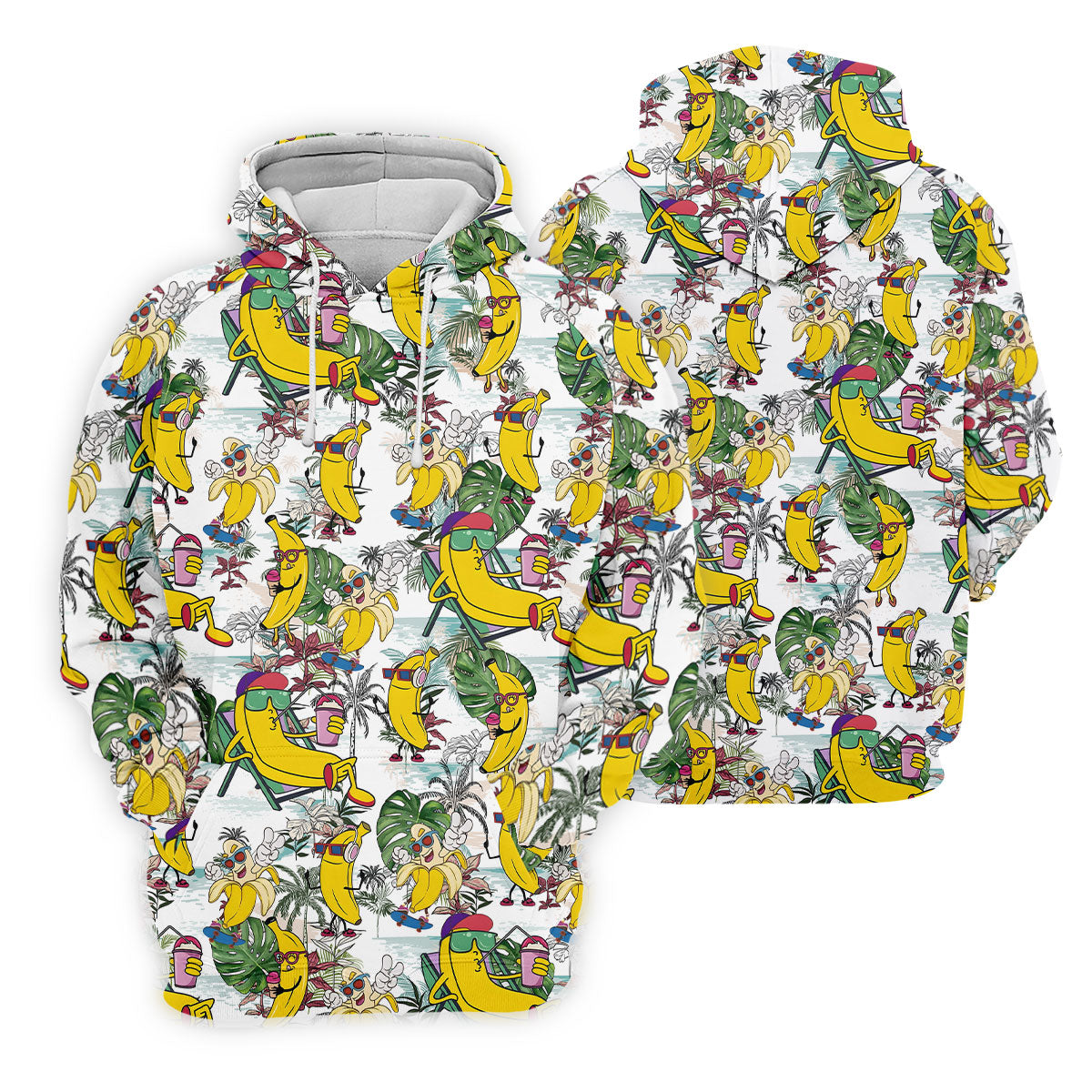 Cartoon Banana Characters On Tropical Island Hawaiian Golf Polo, Golf Tops For Men, Golfing Apparel