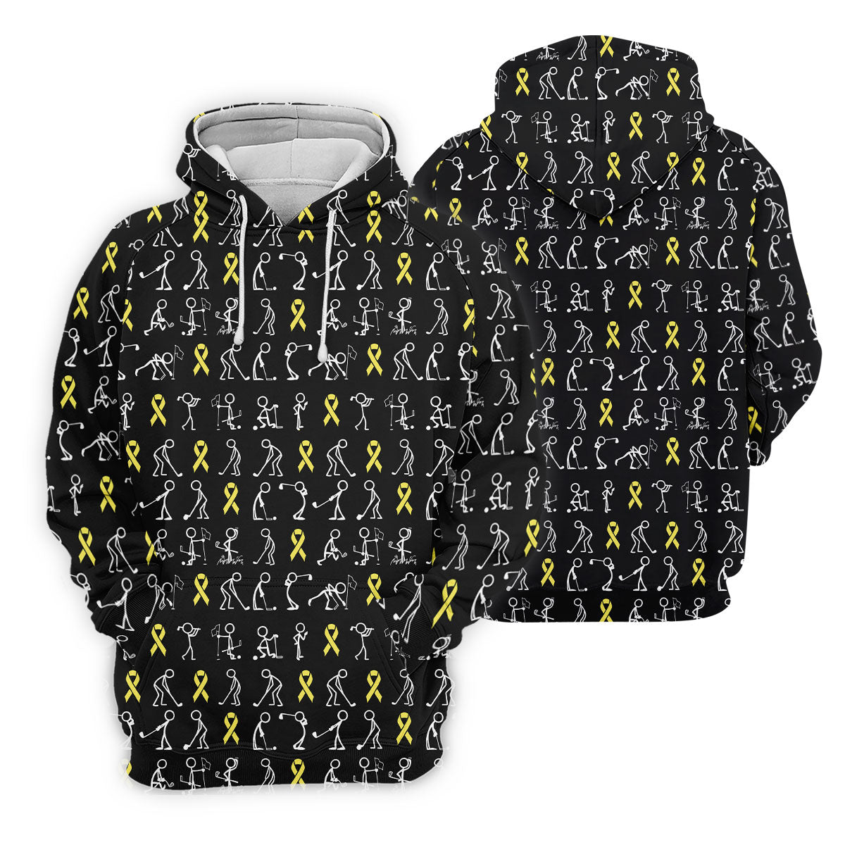 Funny Stick Figure Women's Golf Shirt, Childhood Cancer Awareness Shirt, Yellow Ribbon Golf Shirts For Women