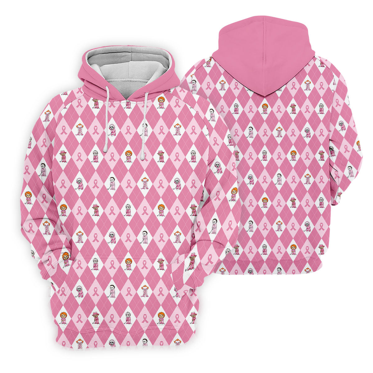 Pink Argyle Horror Character Breast Cancer Polo Shirt, Golf Shirts For Men, Mens Golf Shirts