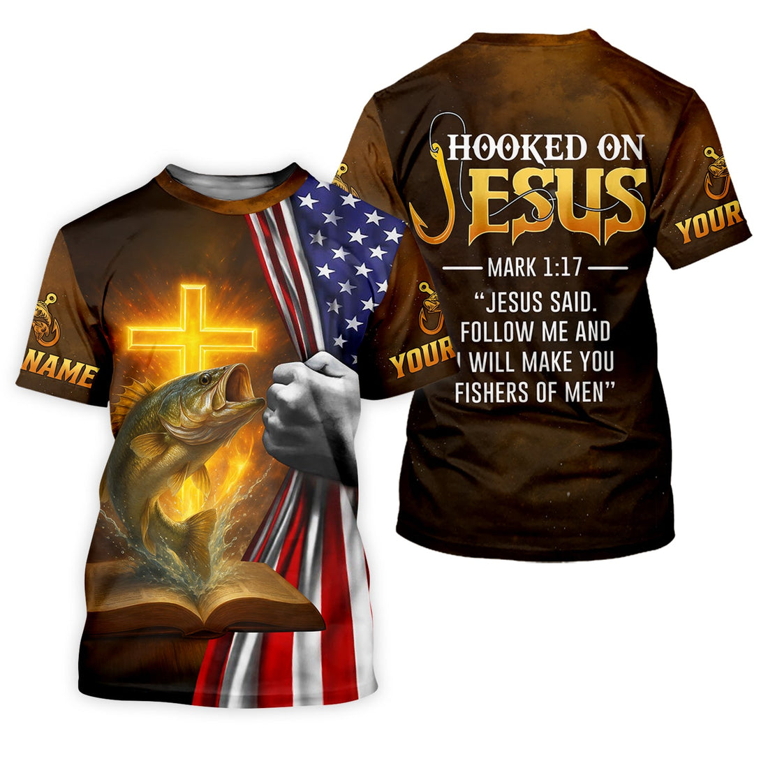 Personalized Hooked On Jesus Fishing Shirt, Custom Mark 1:17 Christian Tee, UPF Shirt