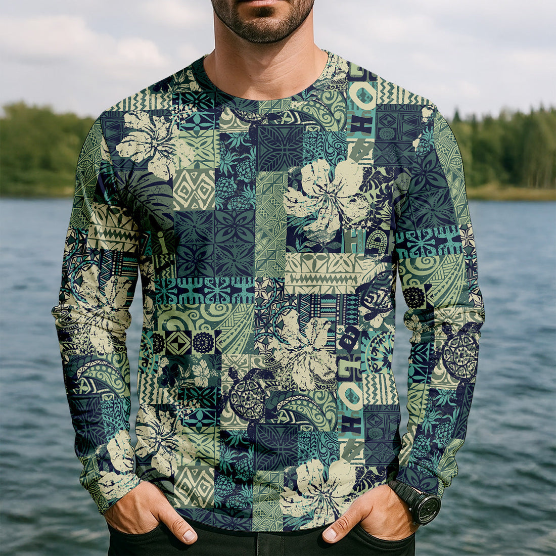 Tribal Aztec Pattern Fishing UPF Shirts, Tropical Floral Men Fishing Shirt, Gift For Fisherman
