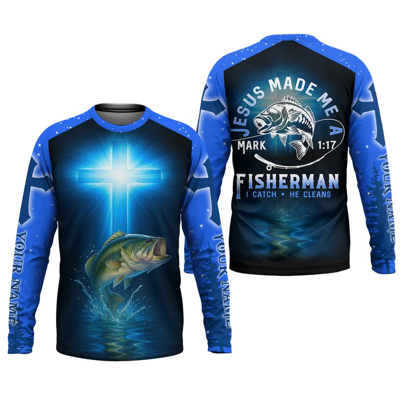 Personalized Jesus Made Me A Fisherman Shirt, Custom Mark 1:17 Christian Tee, UPF Shirt