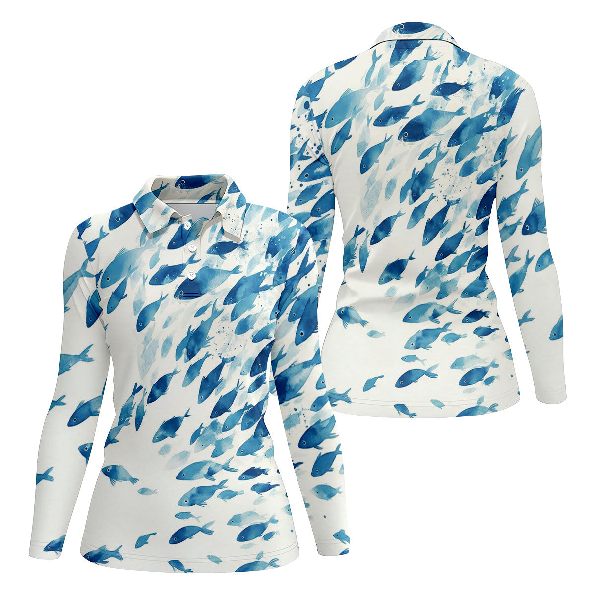 Flowing Fish White And Blue Fishing UPF Shirts, Minimal Watercolor Fishing Shirt For Women