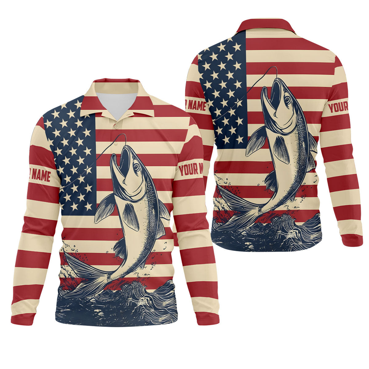 Personalized American Flag Fishing Shirt, Patriotic Bass Long Sleeve UPF For Men