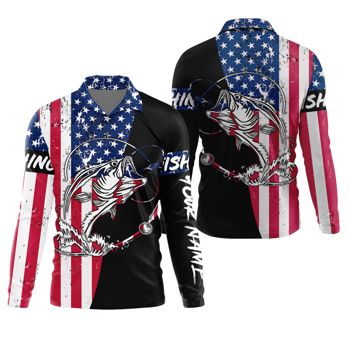 American Flag Fishing Shirt, Personalized Bass Fishing UPF Long Sleeve Shirt for Men
