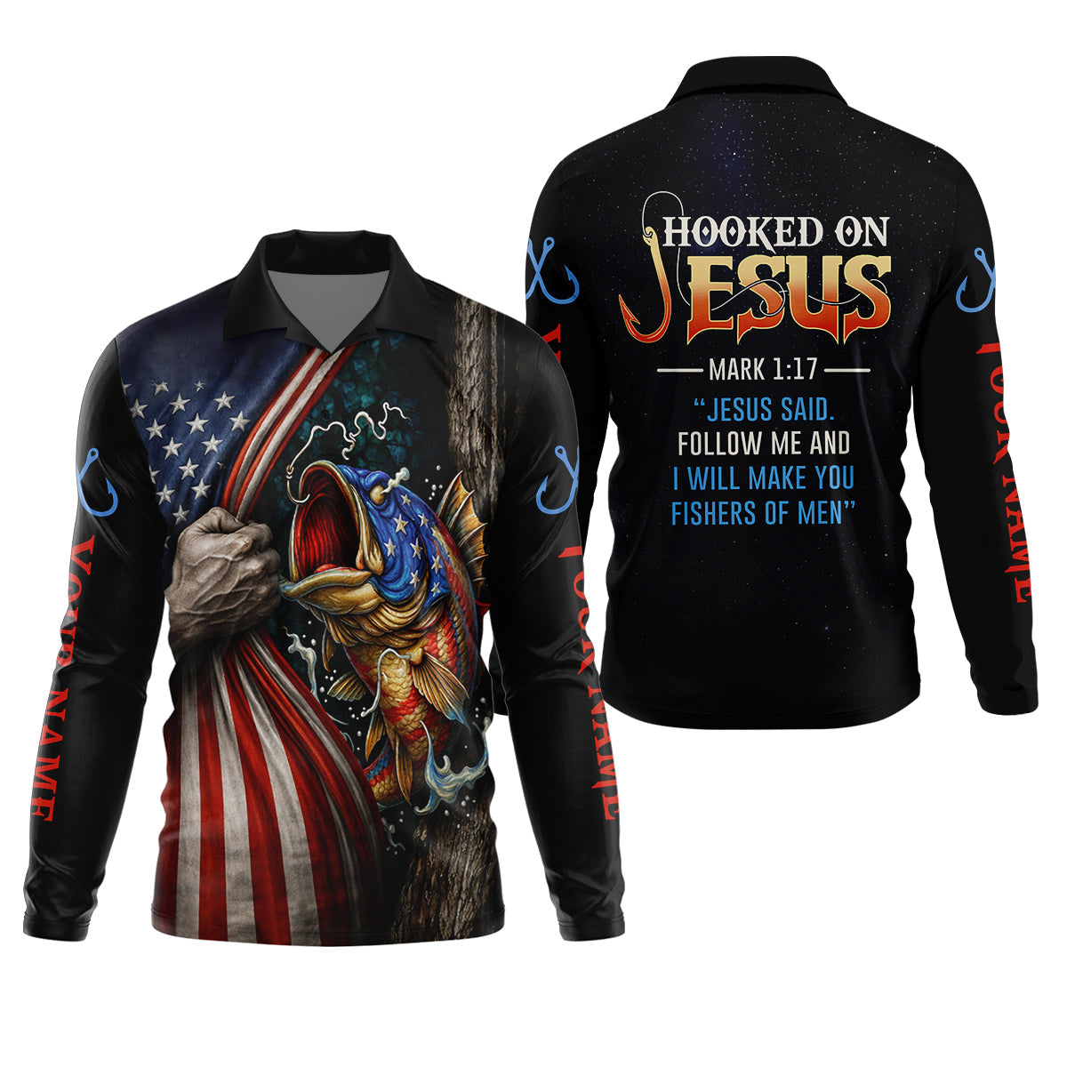 Hooked On Jesus Shirt, Personalized Christian Fishing Shirt, Mark 1:17 Fisher Of Men, Fishing UPF Shirts