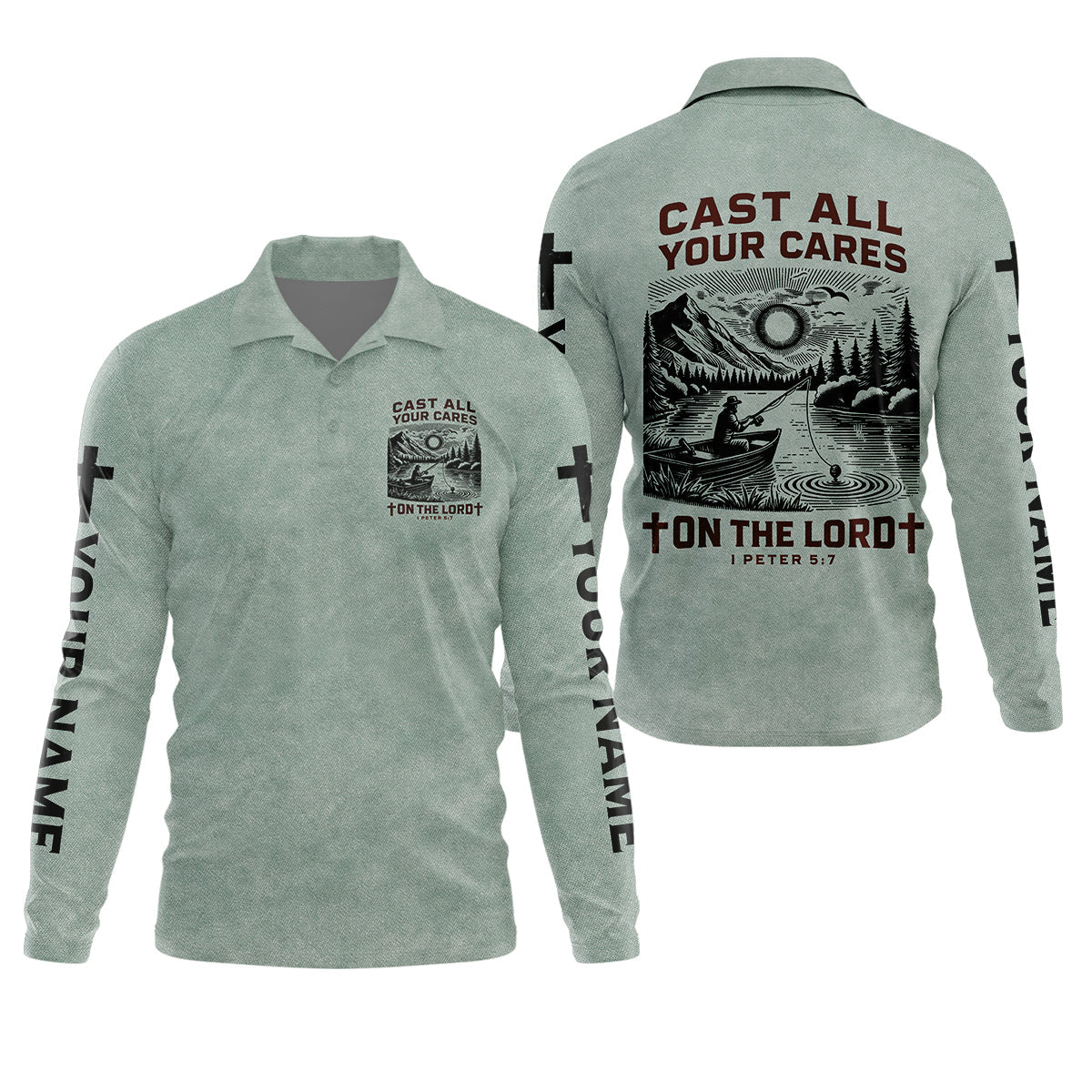 Cast All Your Cares On The Lord Faith Cross Fishing UPF Shirts, Christian Fishing Shirts For Men