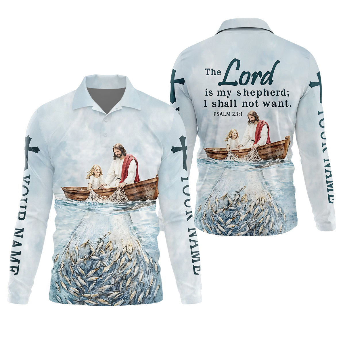 Jesus Catching Fish Bible Verse, Personalized Long Sleeve Shirt, Psalm 23 The Lord Is My Shepherd, Religious Gift for Men