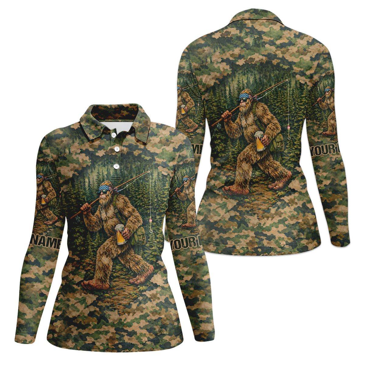 Bigfoot Fishing And Beer Earth Green Camo Fishing Shirt, Fishing UPF Shirts, Women Fishing Shirt