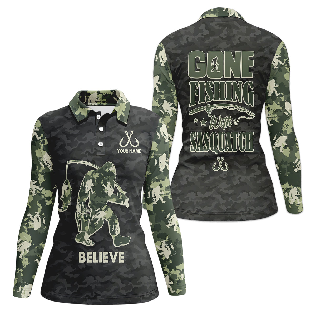 Gone Fishing With Sasquatch Camo Fishing Shirt, Fishing UPF Shirts, Fishing Shirt For Women