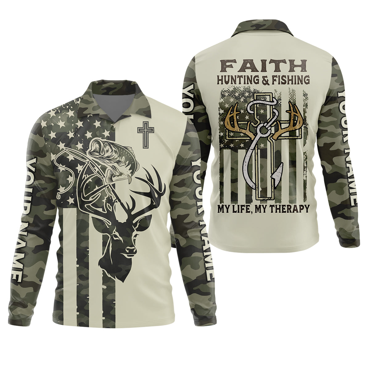 Faith Hunting Fishing Shirt, Christian Camo Deer Bass Patriotic Long Sleeve, Fishing UPF Shirts