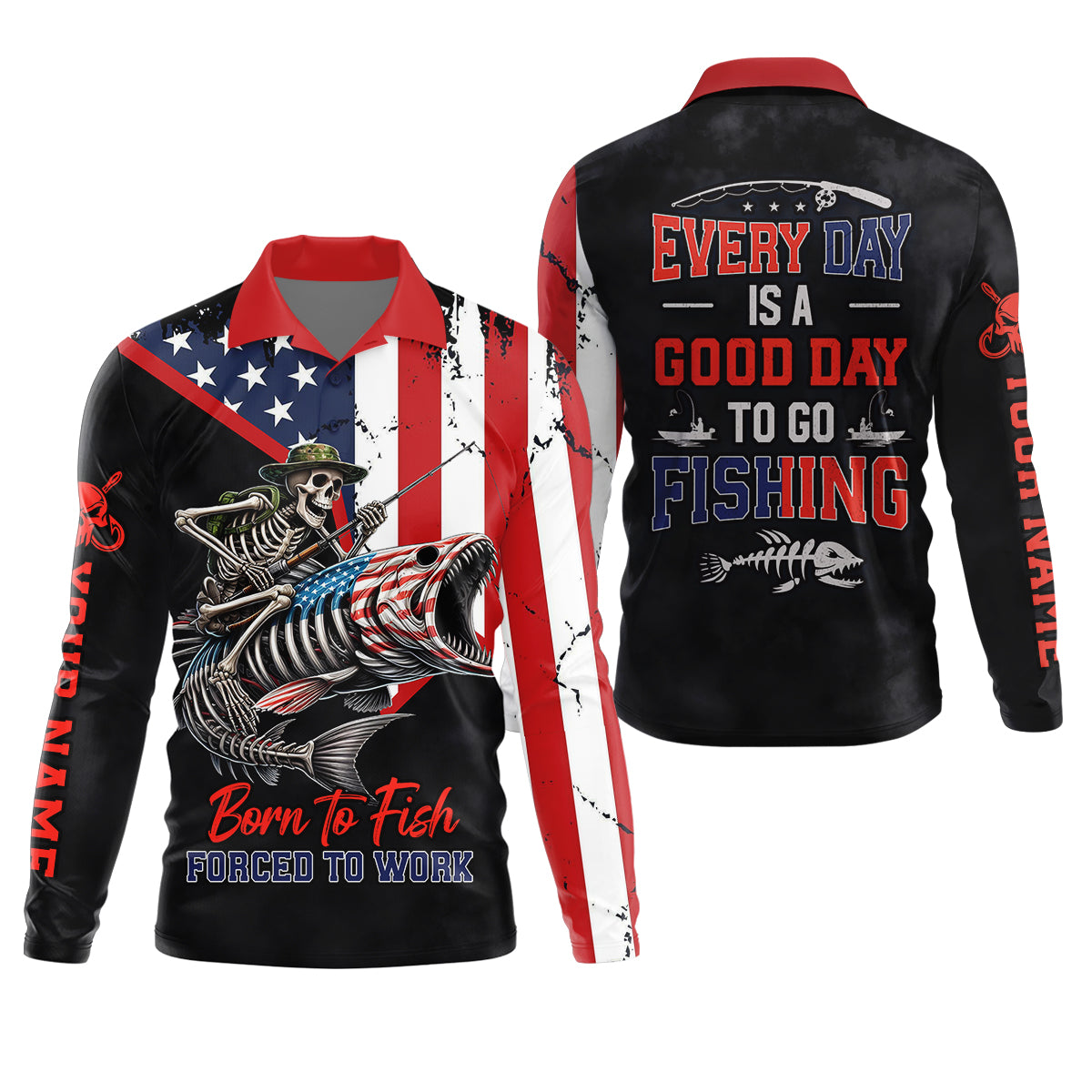 Born To Fish Forced To Work USA Fishing Shirt, Funny Fishing UPF Shirts, Personalized Fishing Shirts For Men