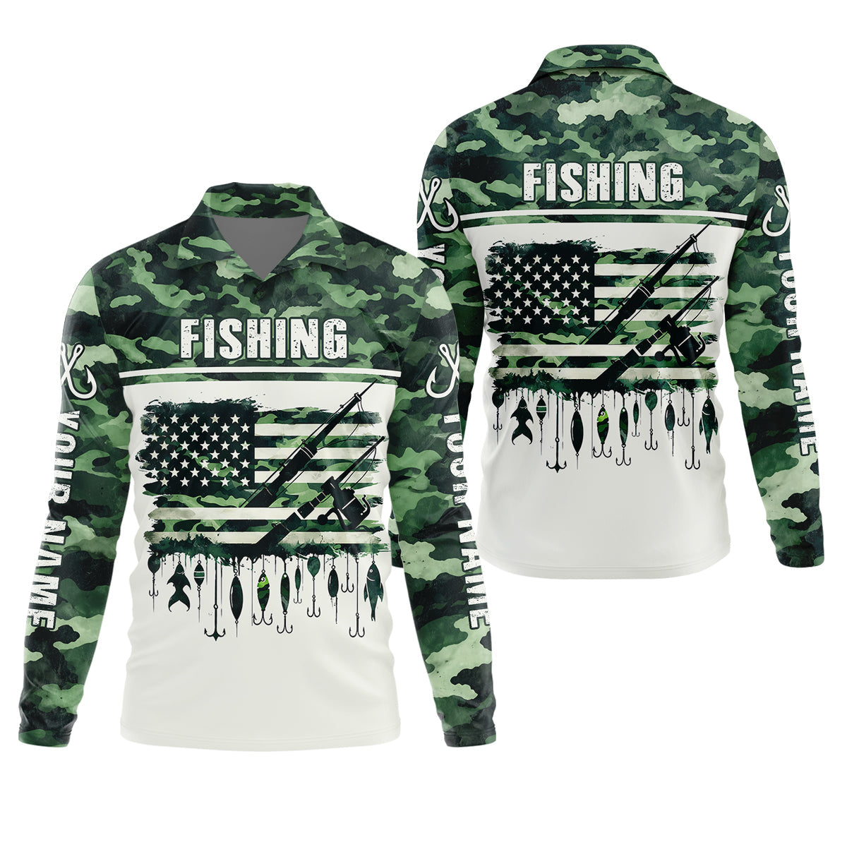 Fishing Green Camo US Flag Pattern Fishing UPF Shirts, 250 Years Fishing Shirts For Men