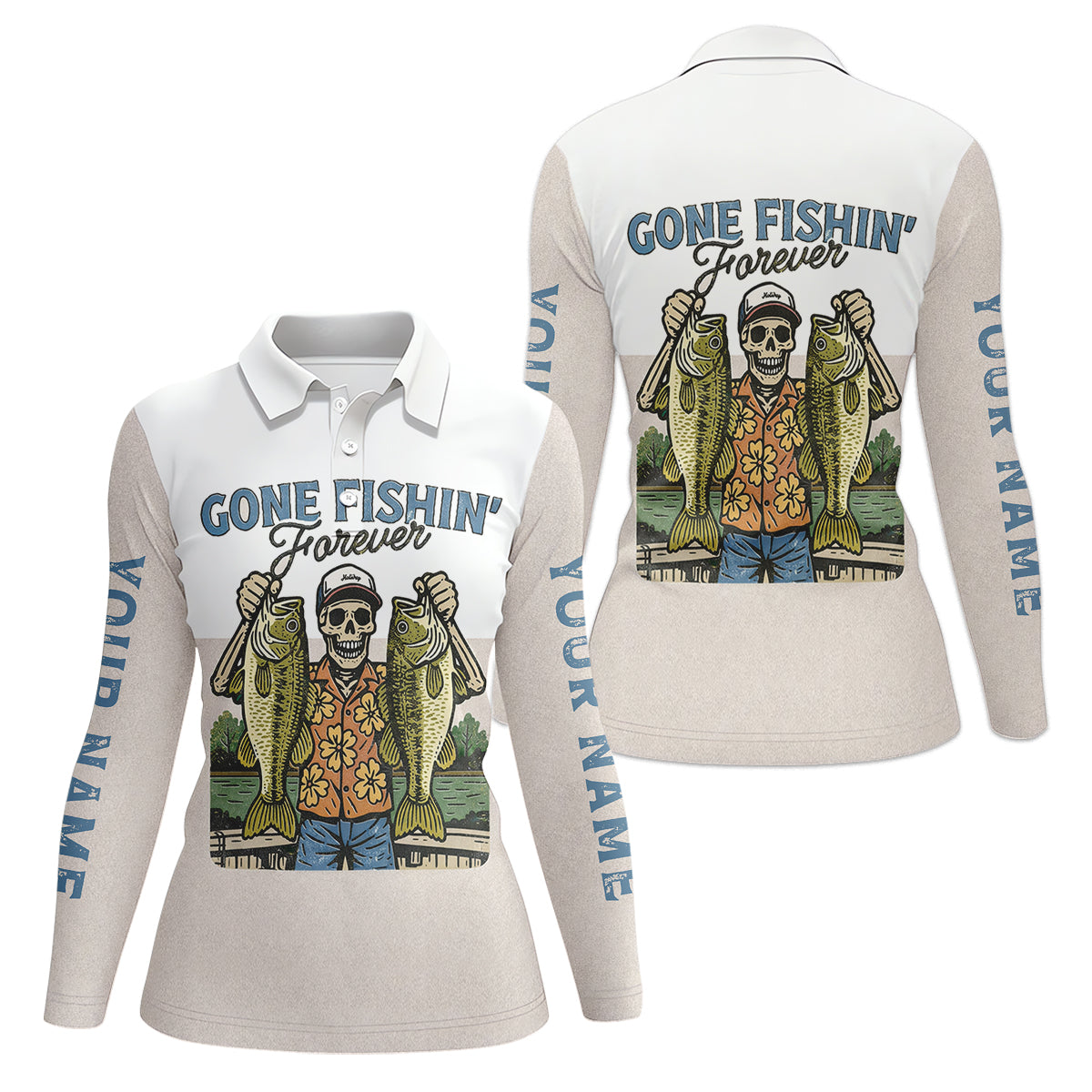 Gone Fishing Forever Funny Skeleton Largemouth Bass Fishing UPF Shirts, Fishing Shirt For Women