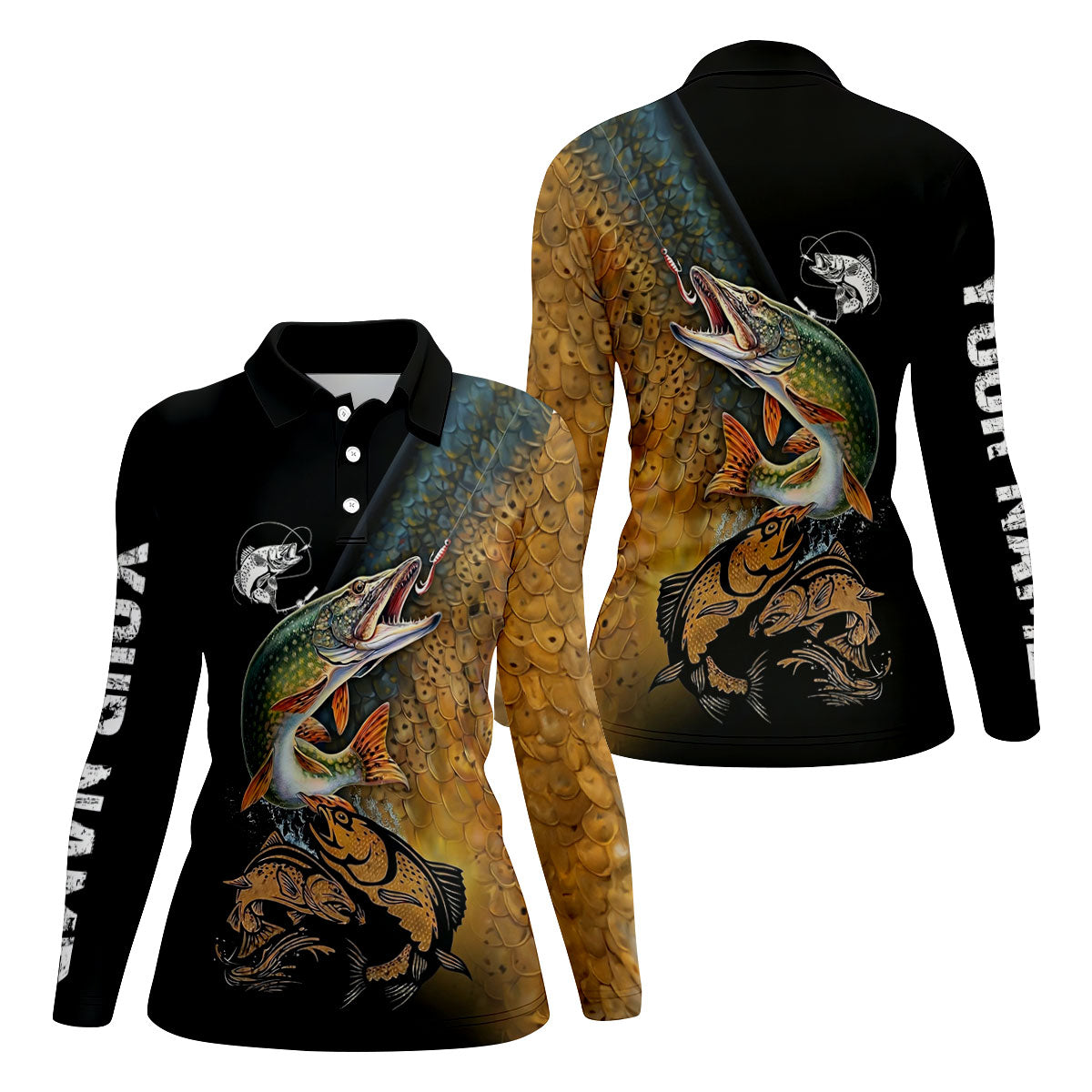 Northern Pike Fishing Gold Brown Scale Pattern Fishing UPF Shirts, Women Fishing Shirt
