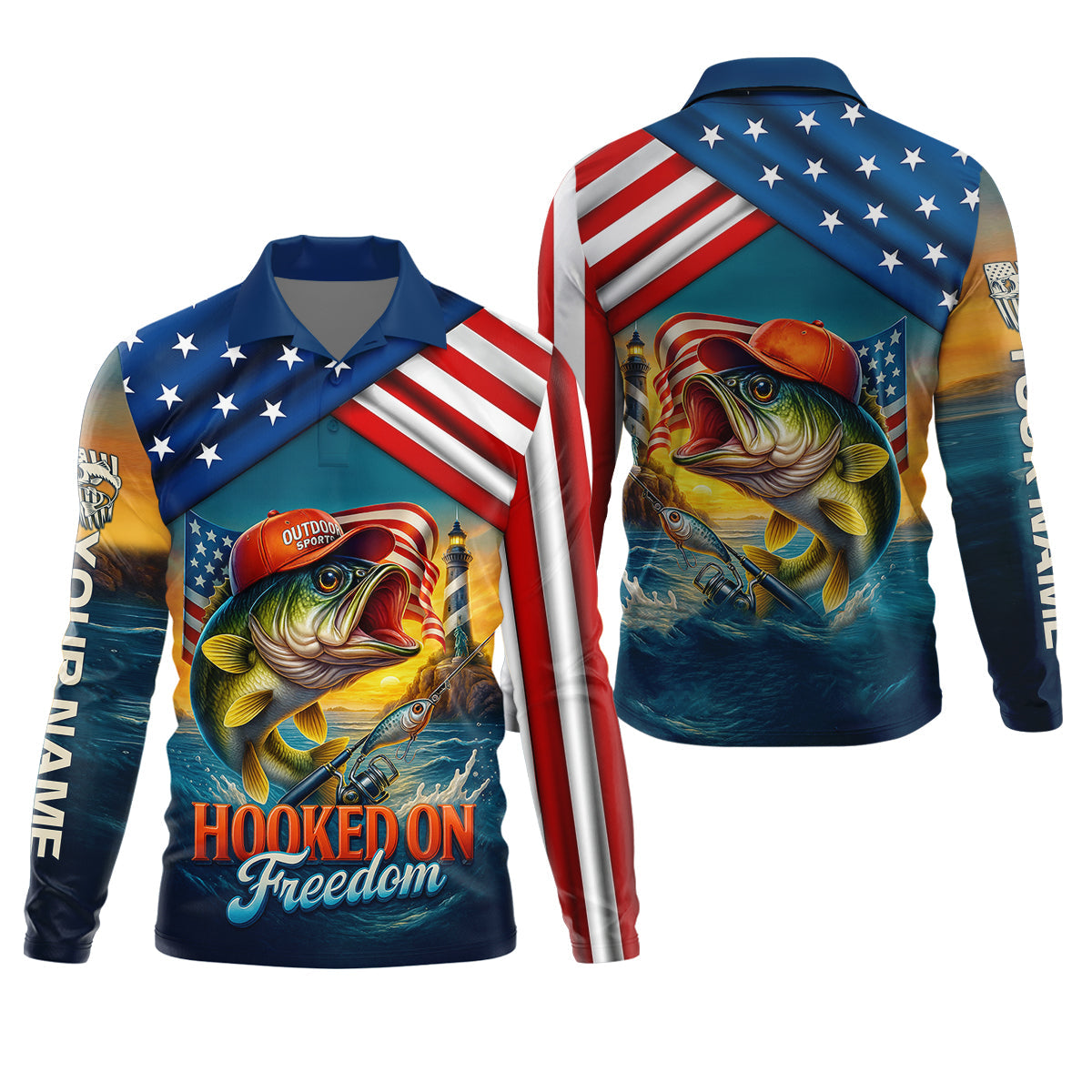 Hooked On Freedom Patriotic Fishing Shirt, Largemouth Bass Fishing SPF Shirt For Men, Men's Fishing Shirt