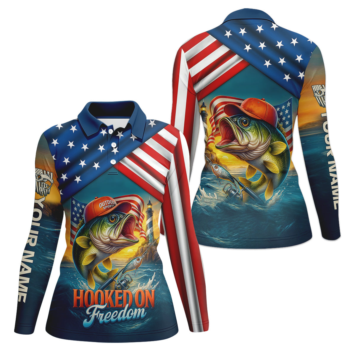 Hooked On Freedom Patriotic Fishing Shirt, Largemouth Bass Fishing Women SPF Shirt, Funny Fishing Shirt