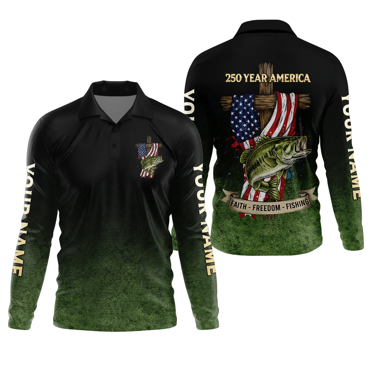 Faith Freedom Fishing Patriotic Fishing Shirt, Fishing UPF Shirts, 250th Anniversary Men's Fishing Shirt