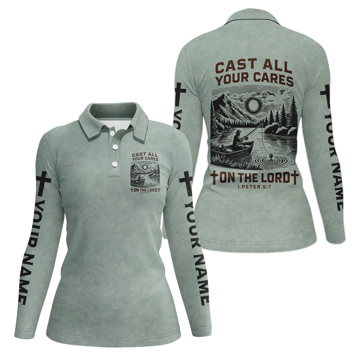Cast All Your Cares On The Lord Faith Cross Fishing UPF Shirts, Christian Fishing Shirt For Women