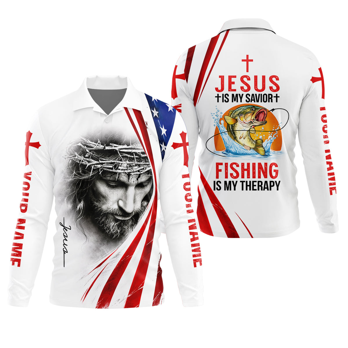 Jesus Is My Savior Fishing Is My Therapy Shirt, Personalized Christian Fishing Long Sleeve For Men