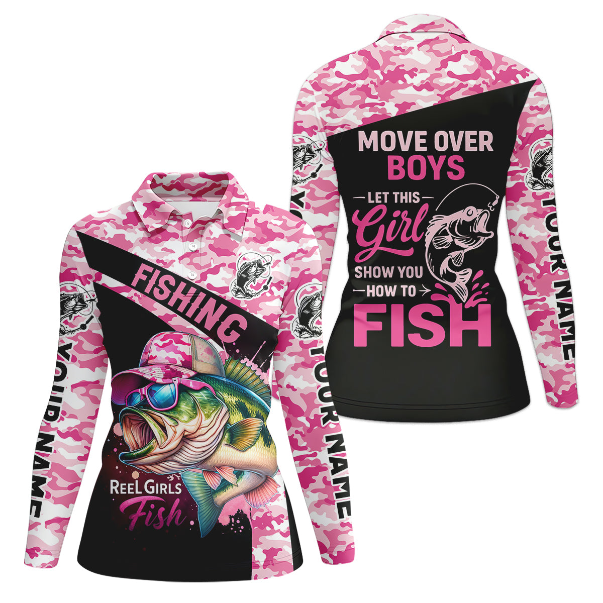 Personalized Move Over Boys Fishing Shirt, Pink Camo Girl Angler, Custom Name Fishing Shirt