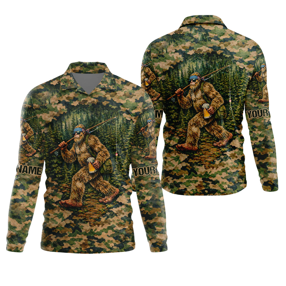 Bigfoot Fishing And Beer Earth Green Camo Fishing Shirt, Fishing UPF Shirts, Fishing Shirts For Men
