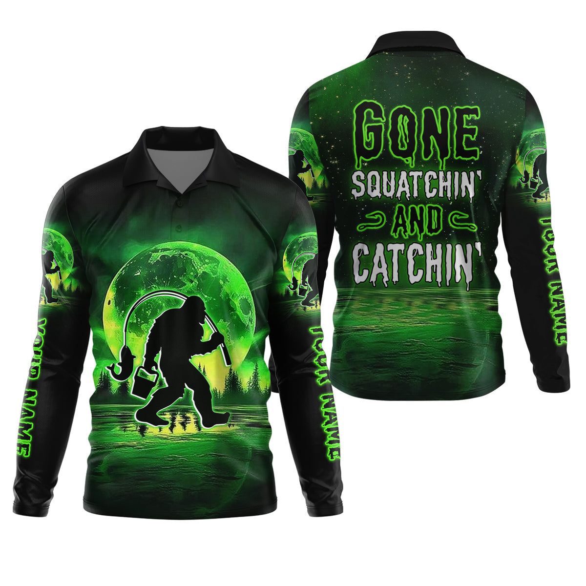 Gone Squatchin And Catchin Bigfoot Neon Green Color Funny Fishing Shirt, SPF Shirt For Men, Presents For Fishermen