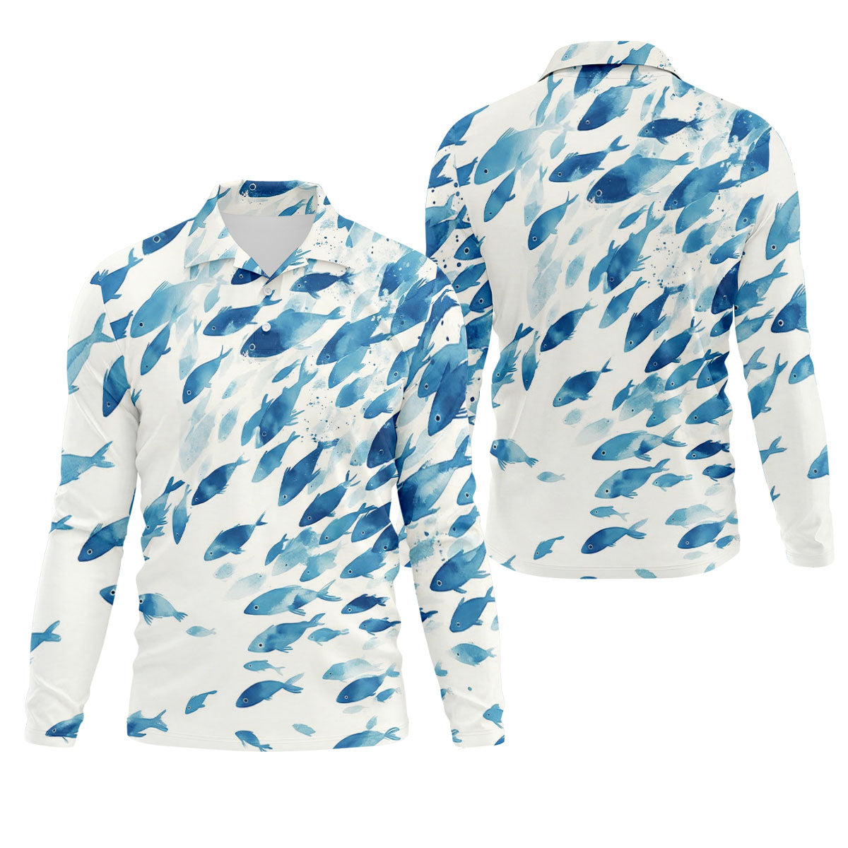 Flowing Fish White And Blue Fishing UPF Shirts, Minimal Watercolor Fishing Shirts For Men