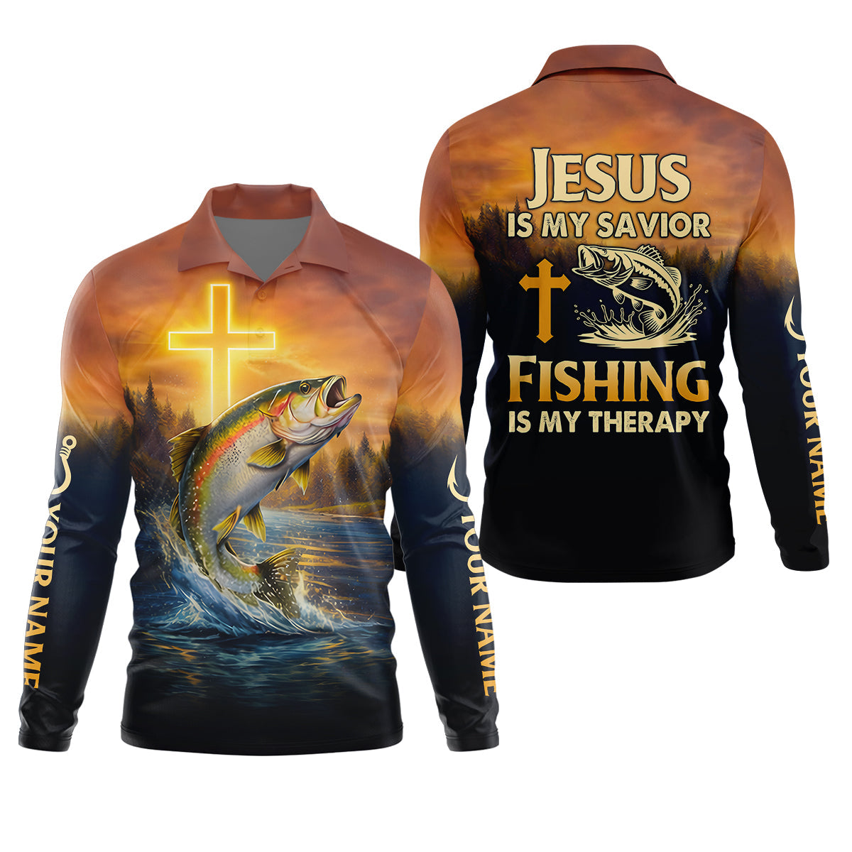 Jesus Is My Savior Fishing Is My Therapy Shirt, Custom Name Fishing Shirt, Fishing UPF Shirts, Funny Fishing Shirt