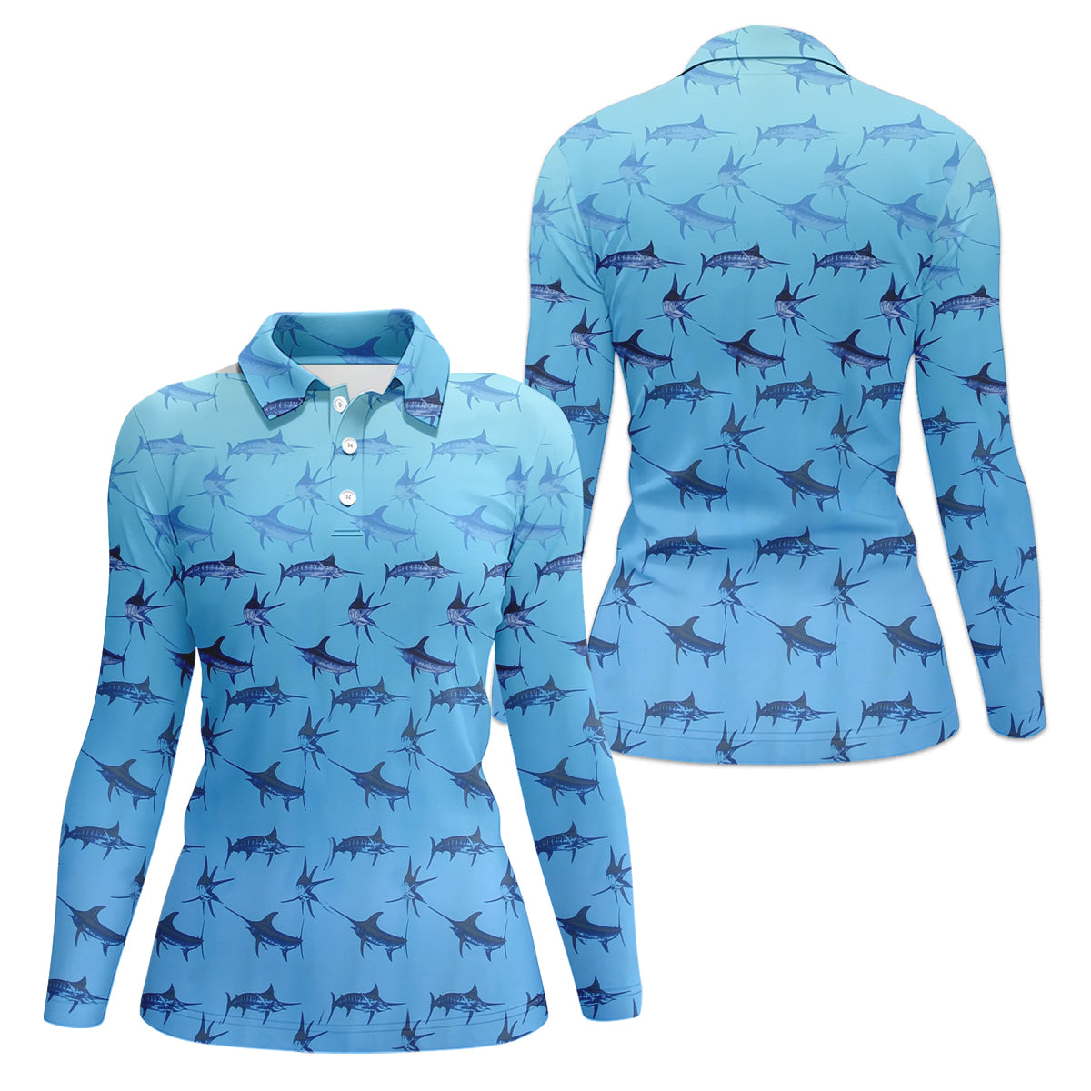 Swordfish Patter Blue Fishing Shirt, Cute Women's Fishing Outfits, Female Fishing Shirts, SPF Shirt