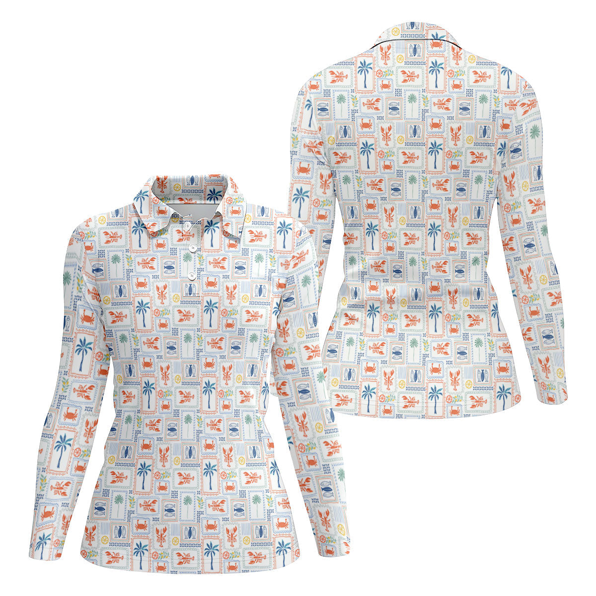 Seafood Patchwork Pattern Tropical Theme Fishing UPF Shirts, Fishing Shirt For Women