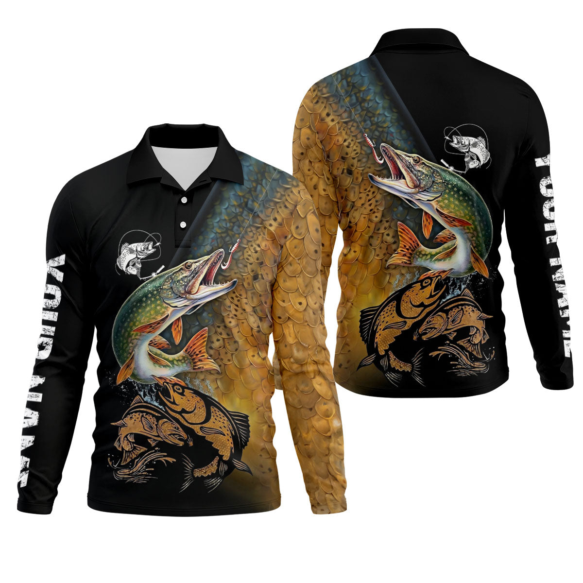 Northern Pike Fishing Gold Brown Scale Pattern Fishing UPF Shirts, Fishing Shirts For Men