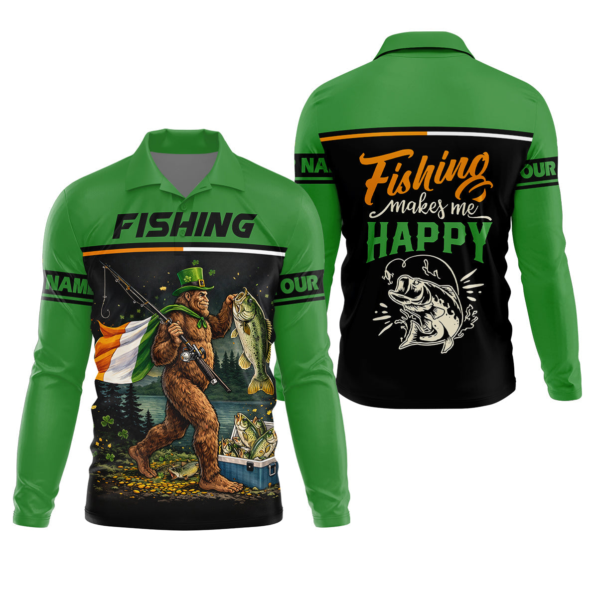 Fishing Makes Me Happy Shirt, Personalized Bigfoot St. Patrick’s Day Fishing Long Sleeve For Men