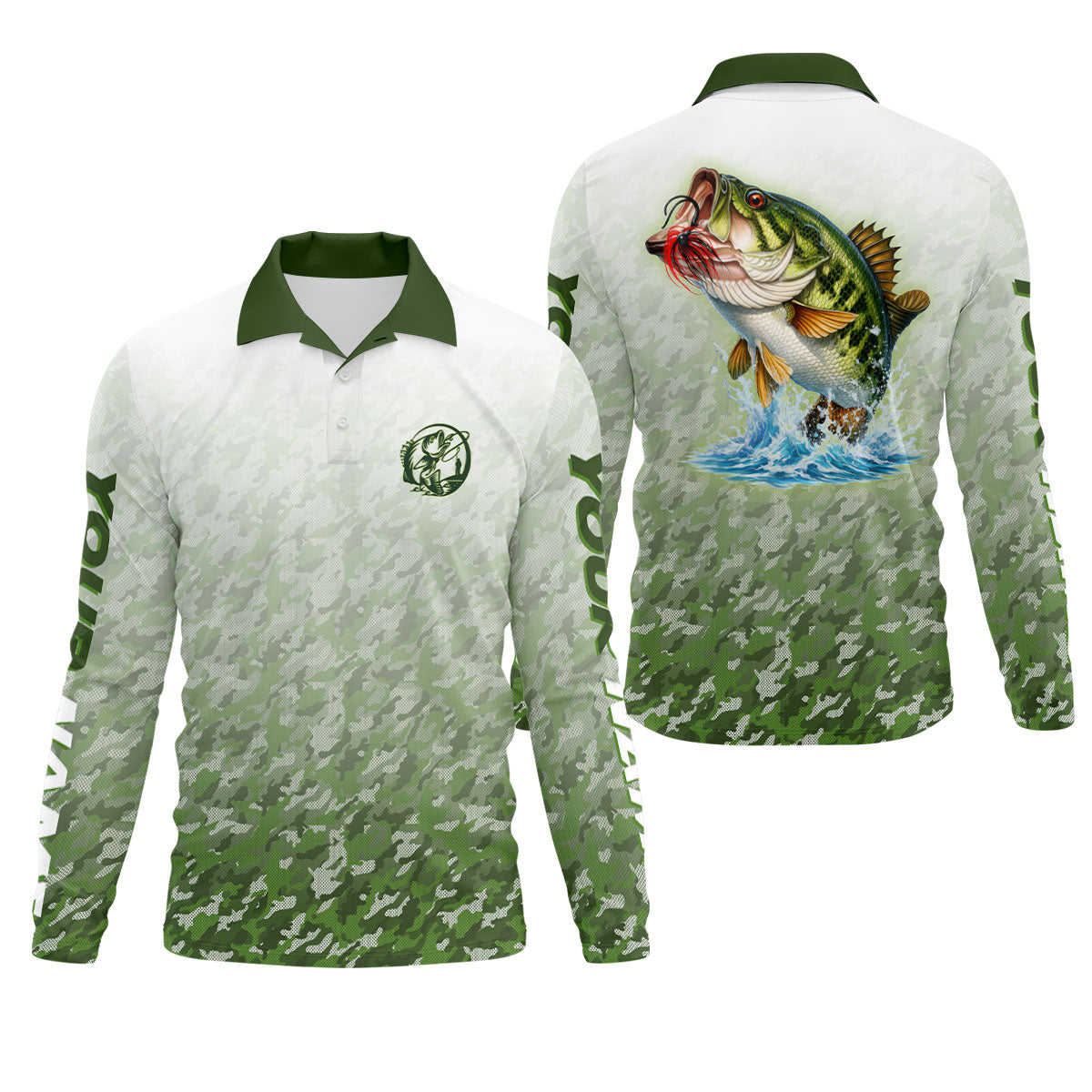 Custom Largemouth Bass Fishing Shirt for Men, Camo Green Angler Shirt, Fishing UPF Shirts