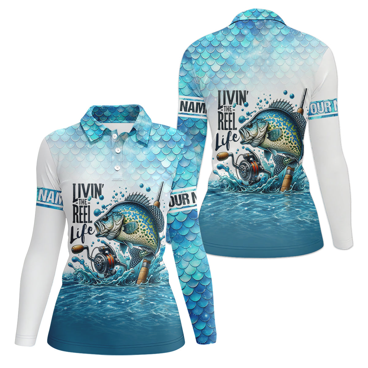 Living The Reel Life Fish Scale Pattern Funny Fishing Shirt, Fishing UPF Shirts, Women Fishing Shirt