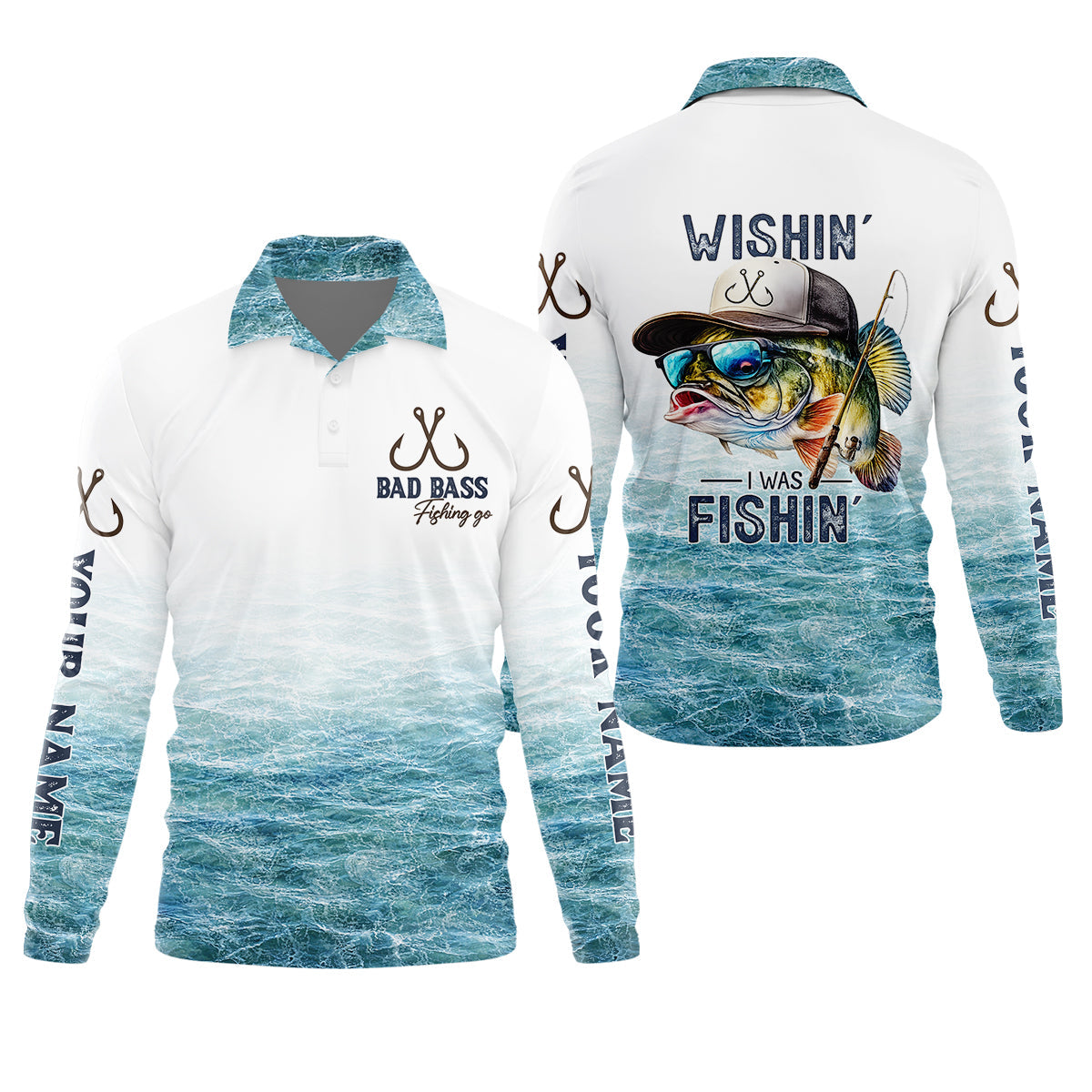 Wishin’ I Was Fishin’ Shirt, Personalized Bad Bass Fishing Shirt For Men, Fishing UPF Shirts
