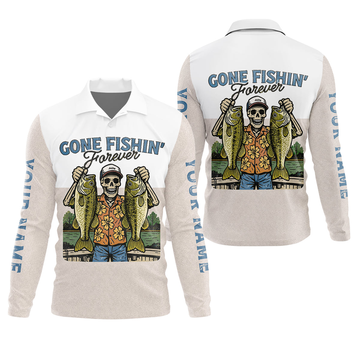Gone Fishing Forever Funny Skeleton Largemouth Bass Fishing UPF Shirts, Fishing Shirts For Men