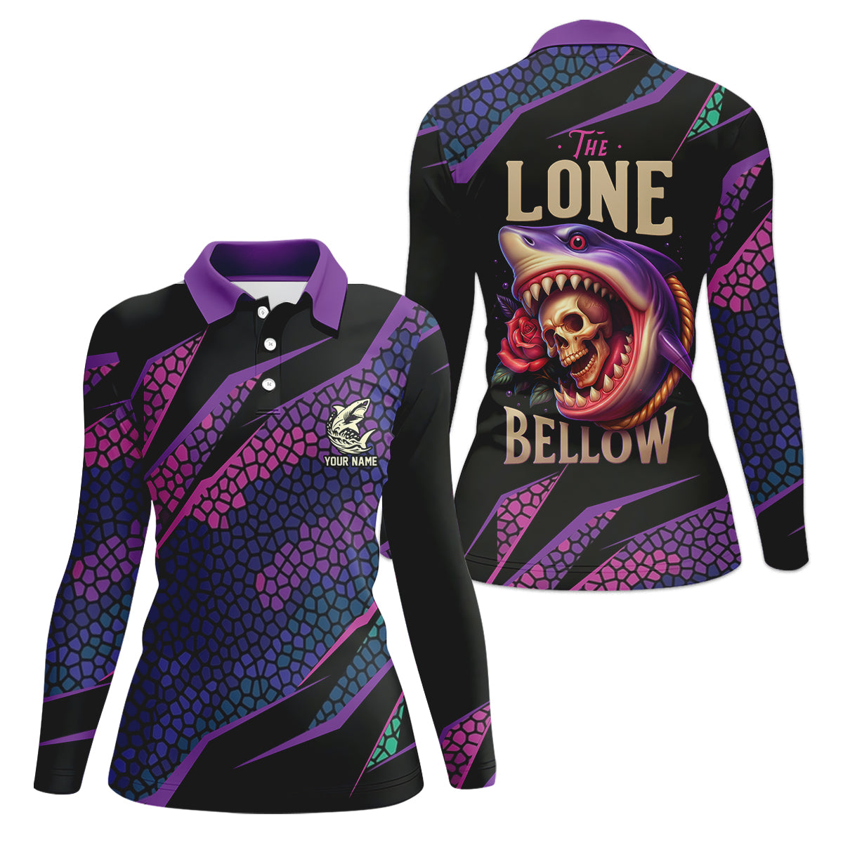 Shark Fishing SPF Shirt, The Lone Below Shark And Skull Purple Fishing Shirt, Female Fishing Shirts